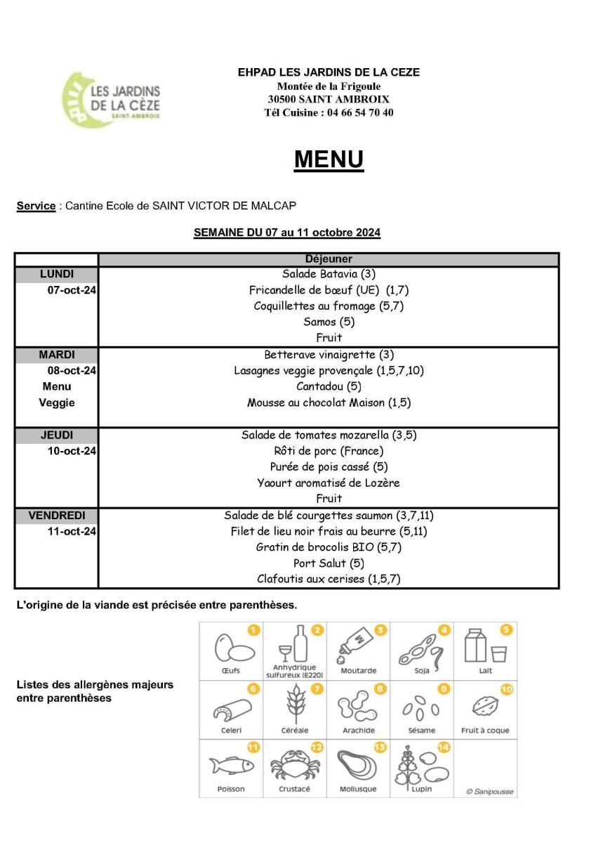Menus cantine de l’école