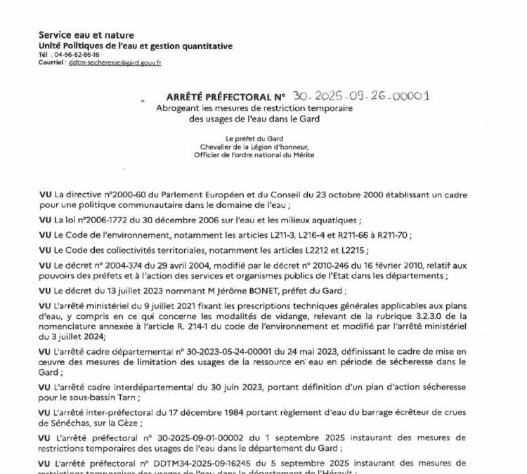 Abrogation de l’arrêté sécheresse