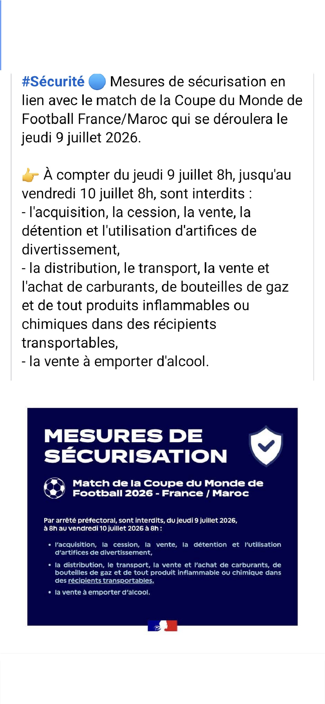 ARRETE PREFECTORAL SECURISATION MATCH COUPE DU MONDE
