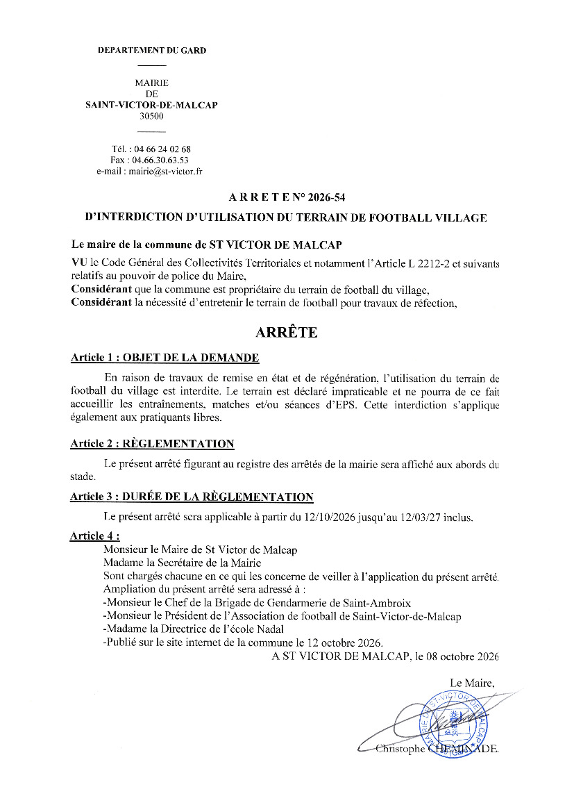 Arrêté interdiction utilisation du terrain de football